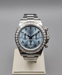 ROLEX  DAYTONA PLATINUM Arabic Ice Blue Dial Baguette Diamond Bezel Open caseback 126576TBR